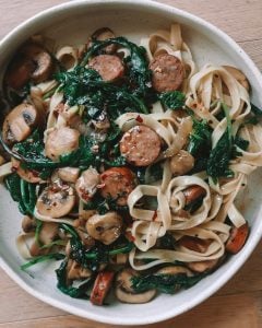 One Pot Spicy Sausage Baby Kale Fettuccine