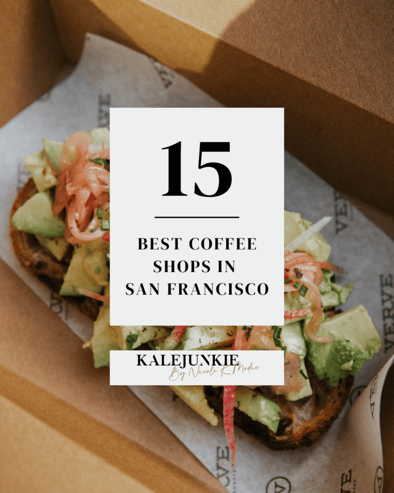 An image of an avocado toast, sitting on a piece of parchment paper. The words "15 Best Coffee Shops in San Francisco" is written across it.