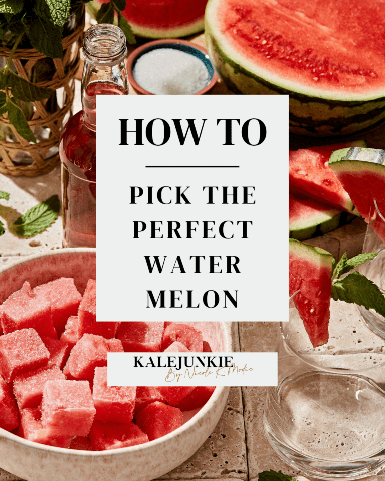 An image of a bowl of chopped watermelon pieces, sitting on a countertop with half of a watermelon. The words "How to pick the perfect watermelon" is written across the image.