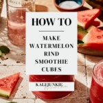 A cutting board, sitting on a counter, surrounded by watermelon slices. The words "How to make watermelon ring smoothie cubes" is written across the image.