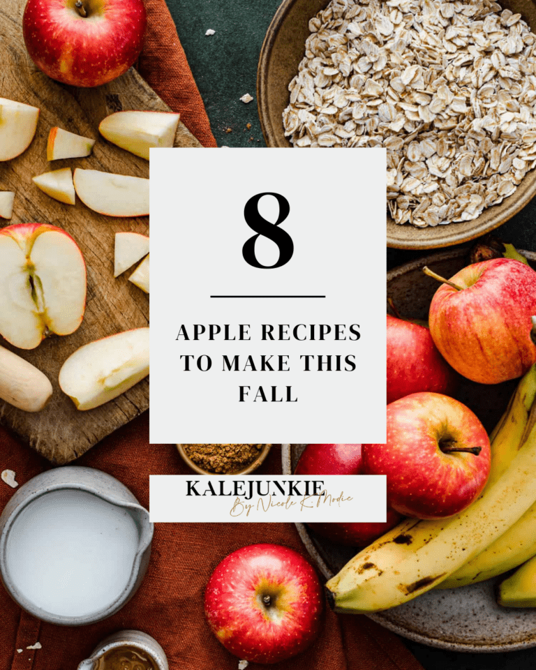 An image of sliced apples, oats, bananas, and milk, sitting on a cutting board. The words "8 apple recipes to make this fall" is written across the image.