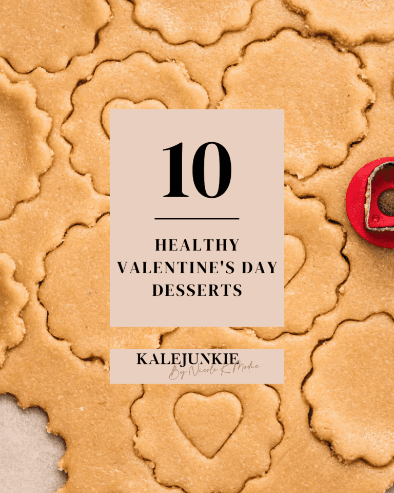 An image of cookie dough, with heart-shaped linzer cookies cut out of it. The words "10 healthy Valentine's Day desserts" is written across the image.
