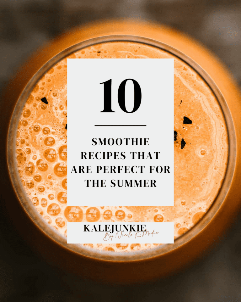 An image of a glass filled to the top with an orange smoothie. The words "10 smoothie recipes that are perfect for the summer" is written across the image/
