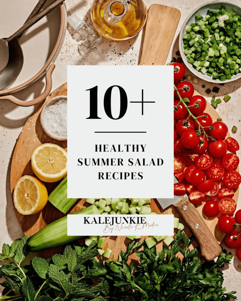 An image of different salad ingredients, laid out on a cutting board on a countertop. The words "10+ Healthy Summer Salad Recipes" is written across the image