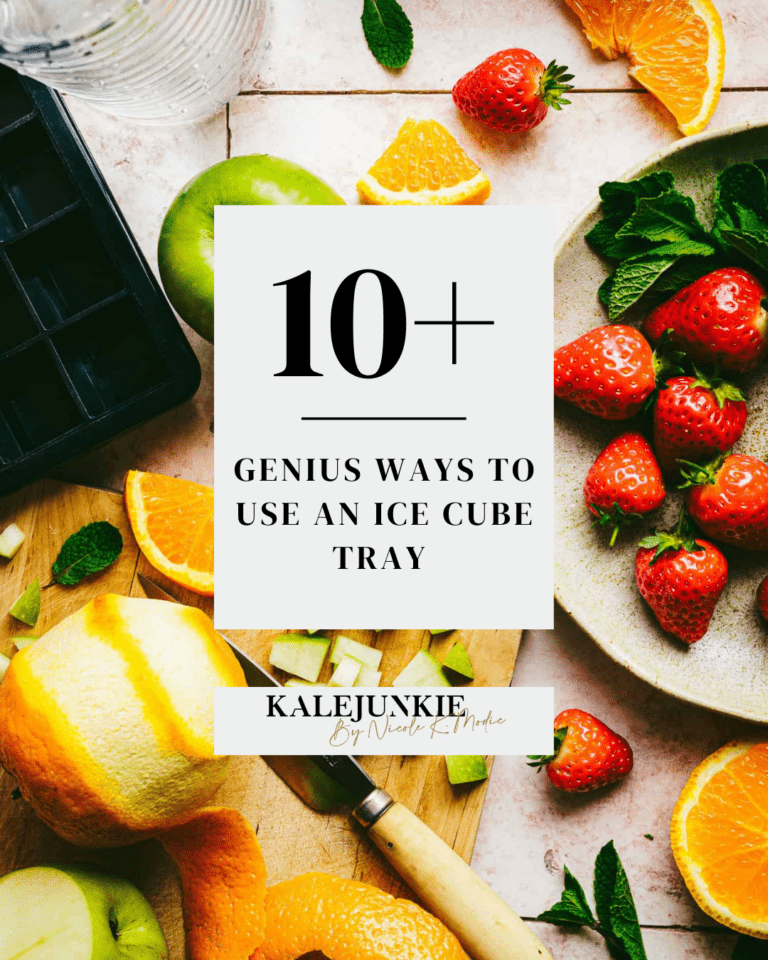 An image of an ice cube tray, on a cutting board, surrounded by chopped fruits. The text, "10+ Genius Ways to Use an Ice Cube Tray" is written across the image