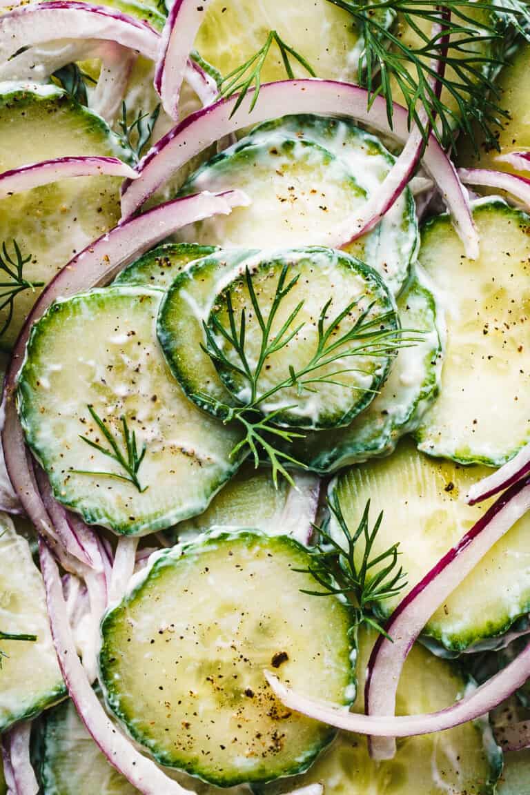 A close-up image of the no mayo creamy cucumber salad