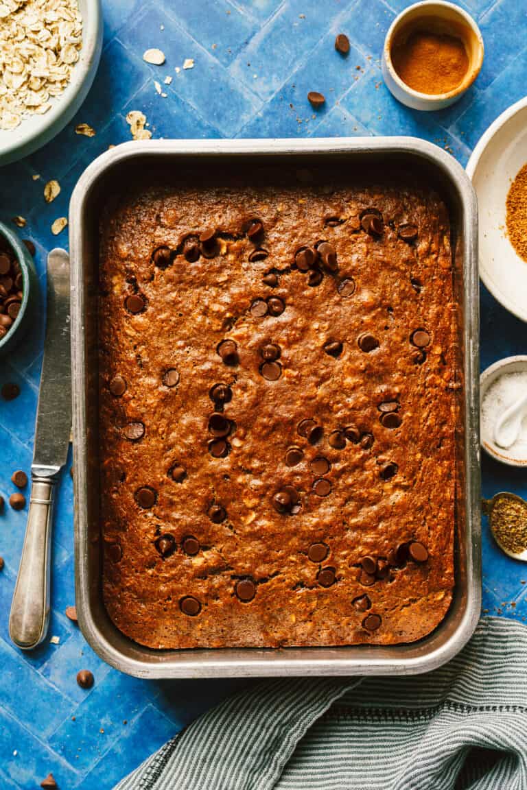 A tray of the sheet pan banana bread, laid out on a countertop