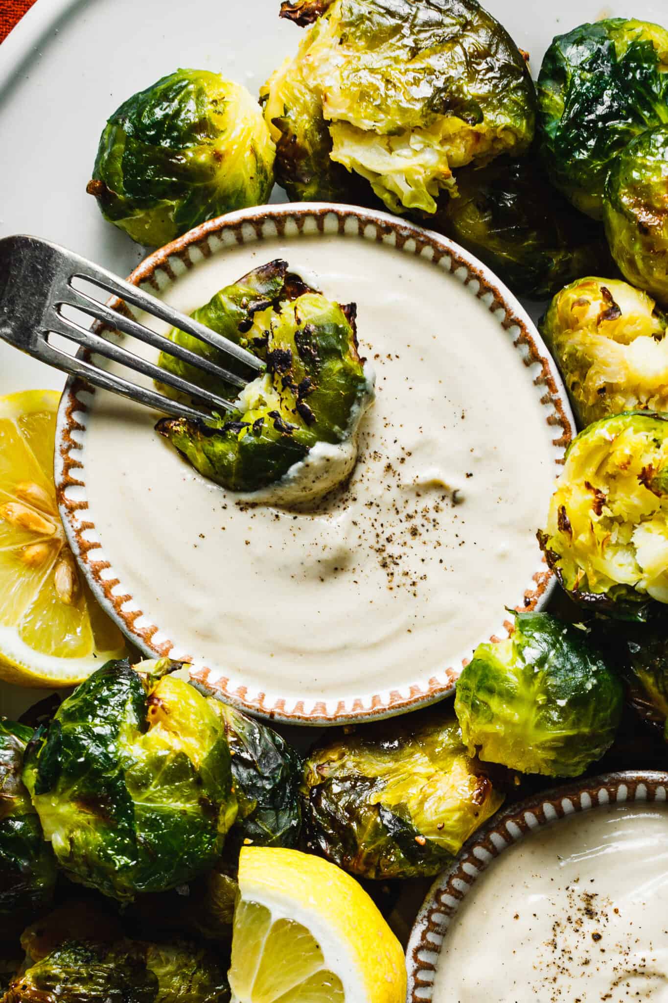 GlutenFree Smashed Brussels Sprouts with Lemon Tahini Dressing