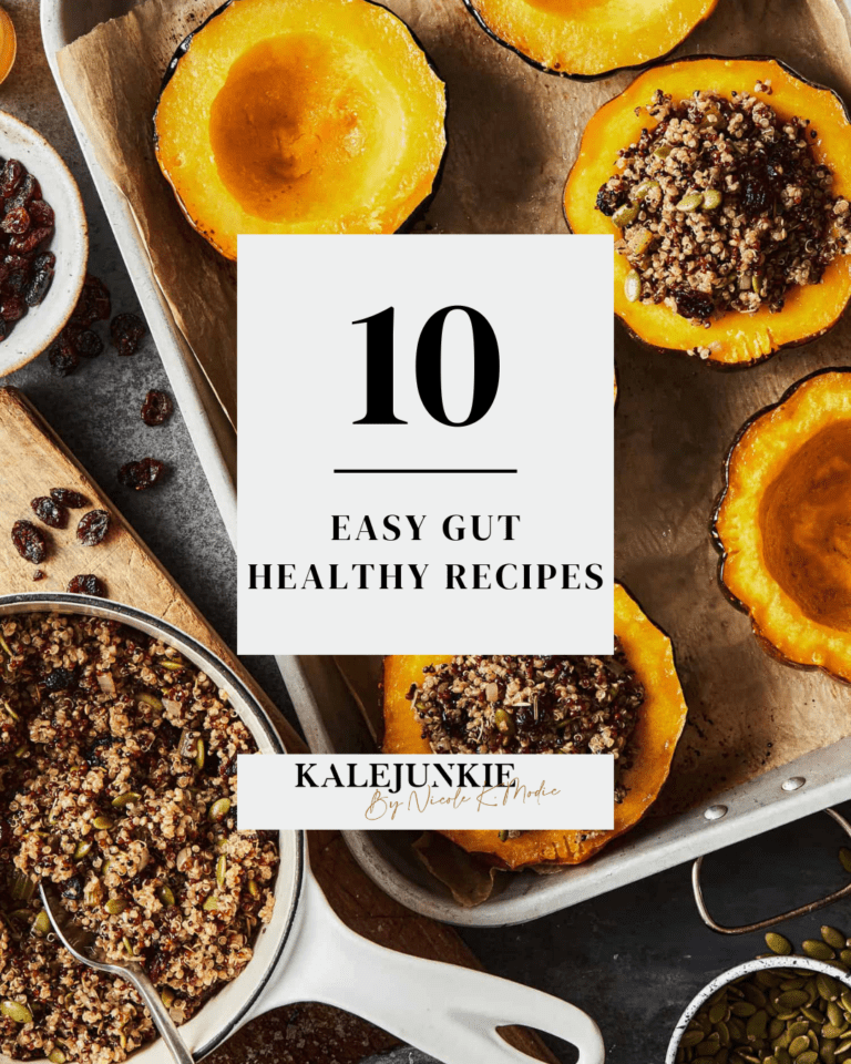 An image of acorn squashes, laid out on a baking sheet, and stuffed with quinoa. The words "10 easy gut healthy recipes" is written across the image