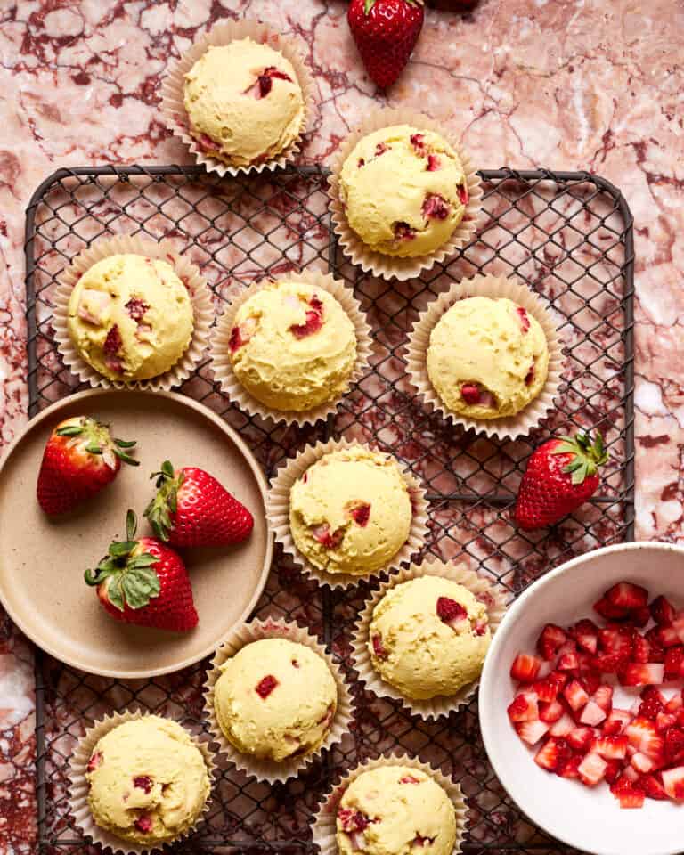 A bunch of the simple strawberry muffins, laid out on a wire cooling rack