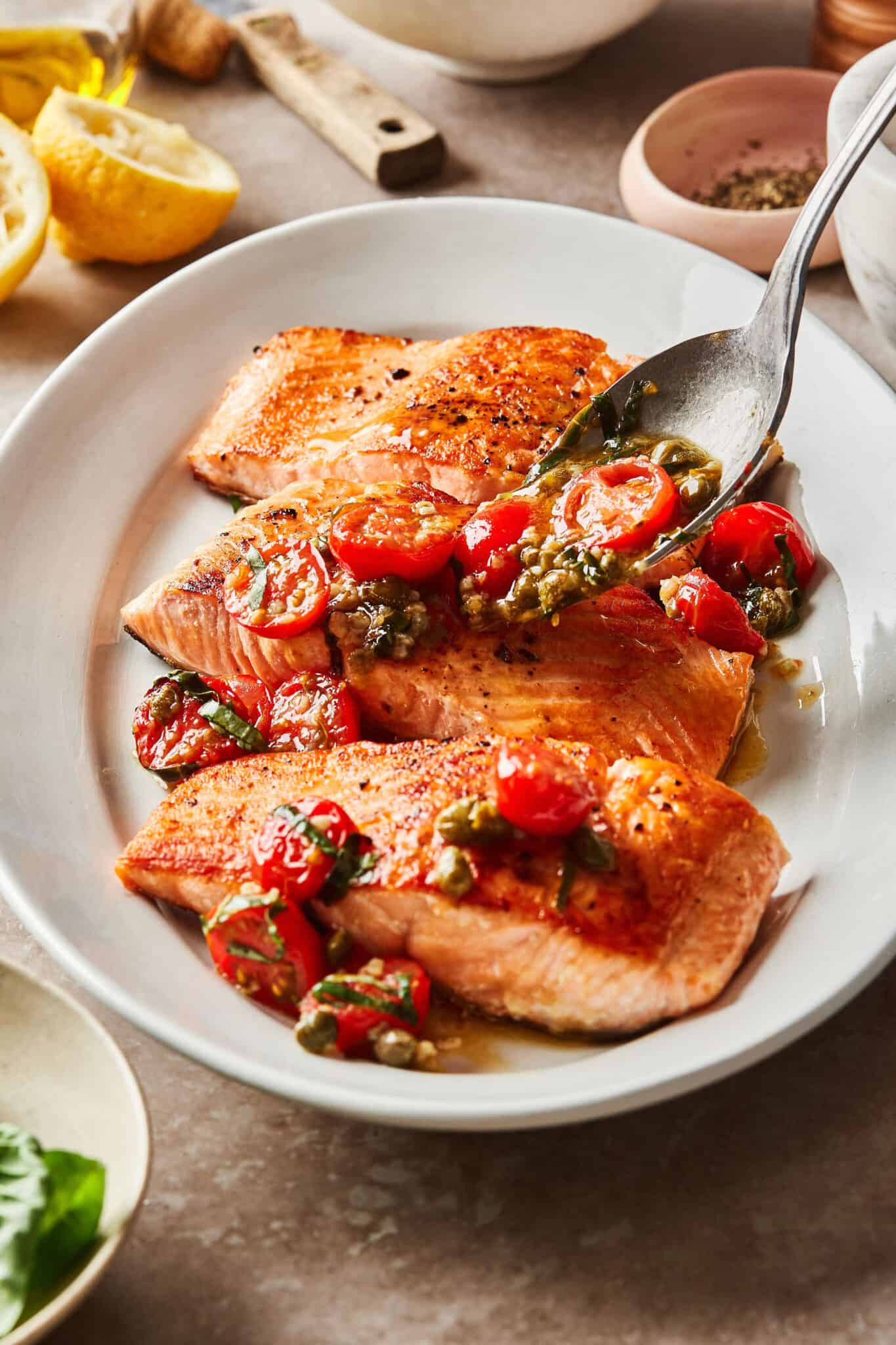 Quick & Easy Salmon with Tomato Lemon Sauce Kalejunkie