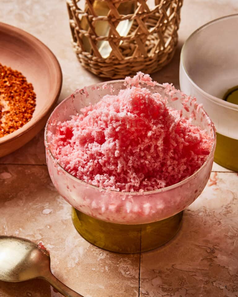 A bowl of the viral tiktok shaved ice, sitting on a countertop