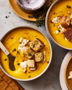 Roasted Butternut Squash Feta Soup (with Sourdough Feta Croutons)