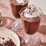 Two tall glasses of the frozen hot chocolate, topped with whipped cream and sitting on a countertop