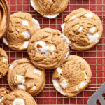 A close-up image of the gluten-free peanut butter marshmallow cookies, sitting on a wire cooling rack
