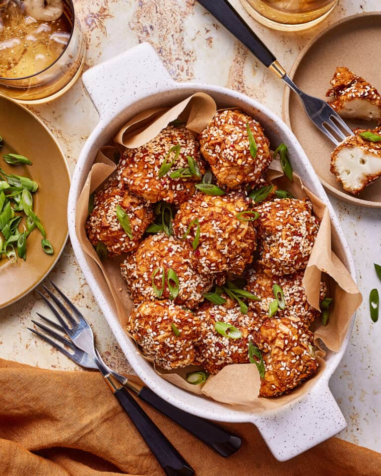 A baking dish, full of the sweet and sour crunchy cauliflower