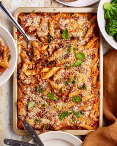 Sheet Pan Crunchy Penne Arrabiata with Meat Sauce