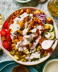 Chicken Shawarma Crispy Rice Salad with Lemon-Tahini Dressing