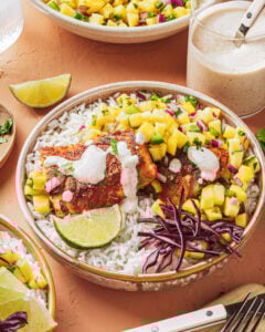 Fish Taco Bowls with Mango Salsa & Chipotle Lime Sauce