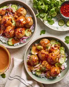 Chicken Dumpling Meatballs With Creamy Peanut Sauce