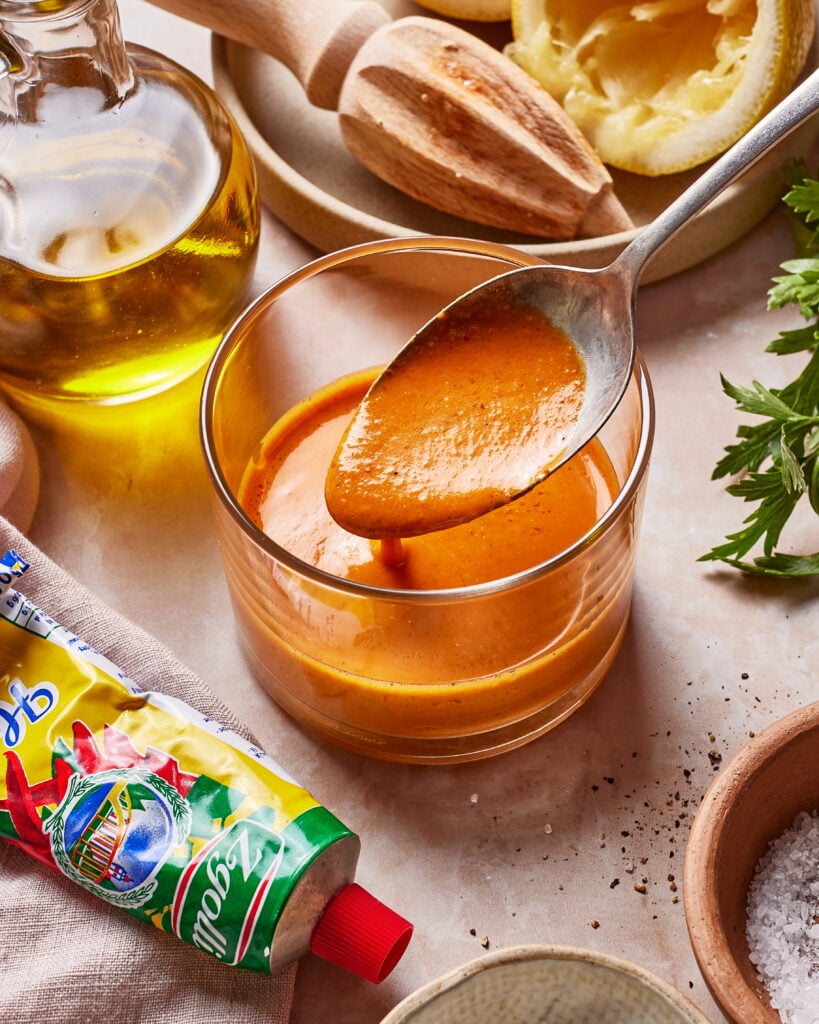 A spoon filled with creamy orange sauce is held over a glass cup of the same sauce, surrounded by a tube of tomato paste, olive oil, parsley, a citrus reamer, and a cut lemon.
