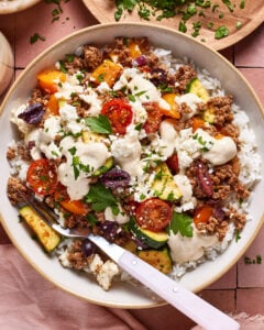 Mediterranean Ground Beef Bowls with Lemon Tahini Sauce