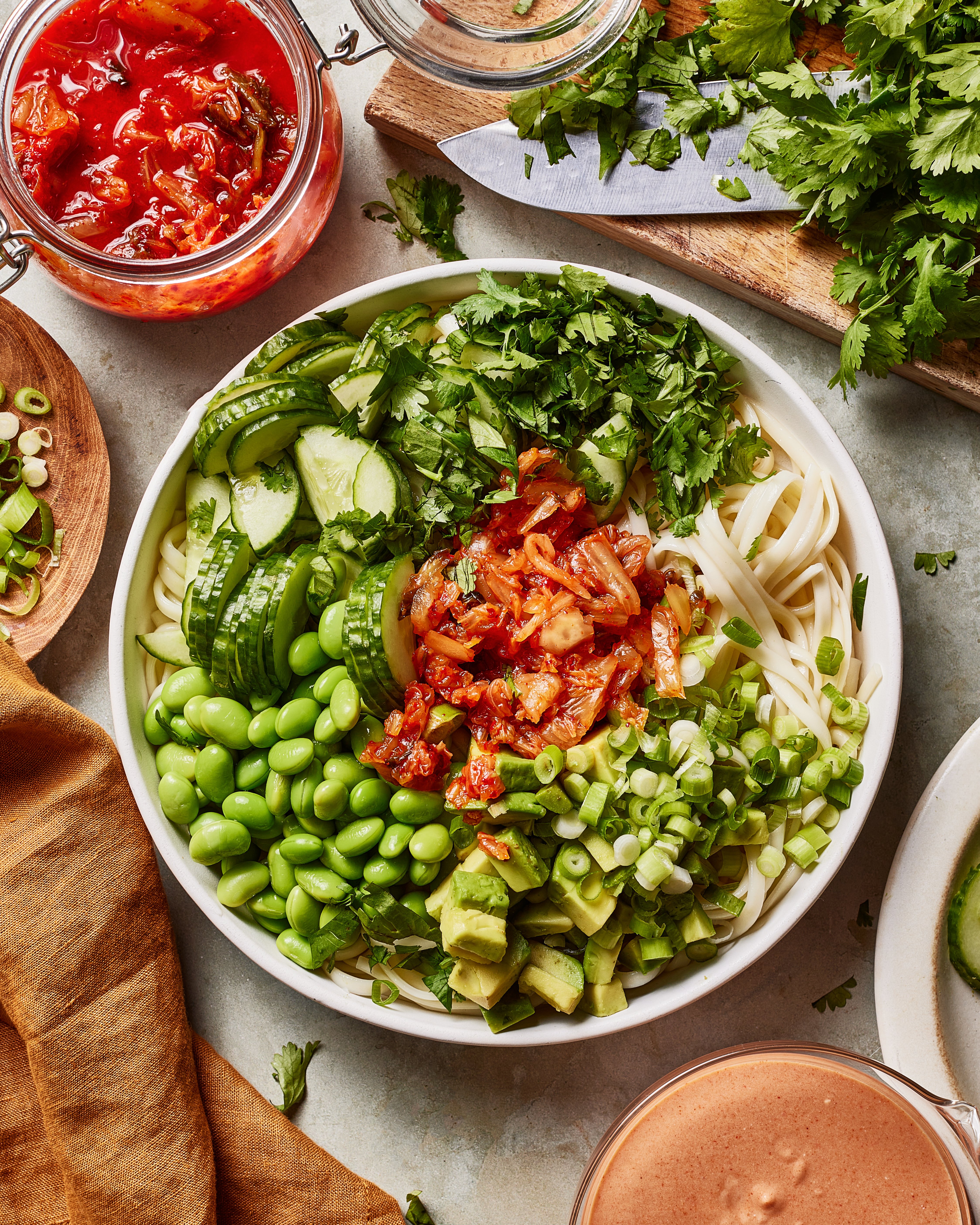 A bowl of food on a table.