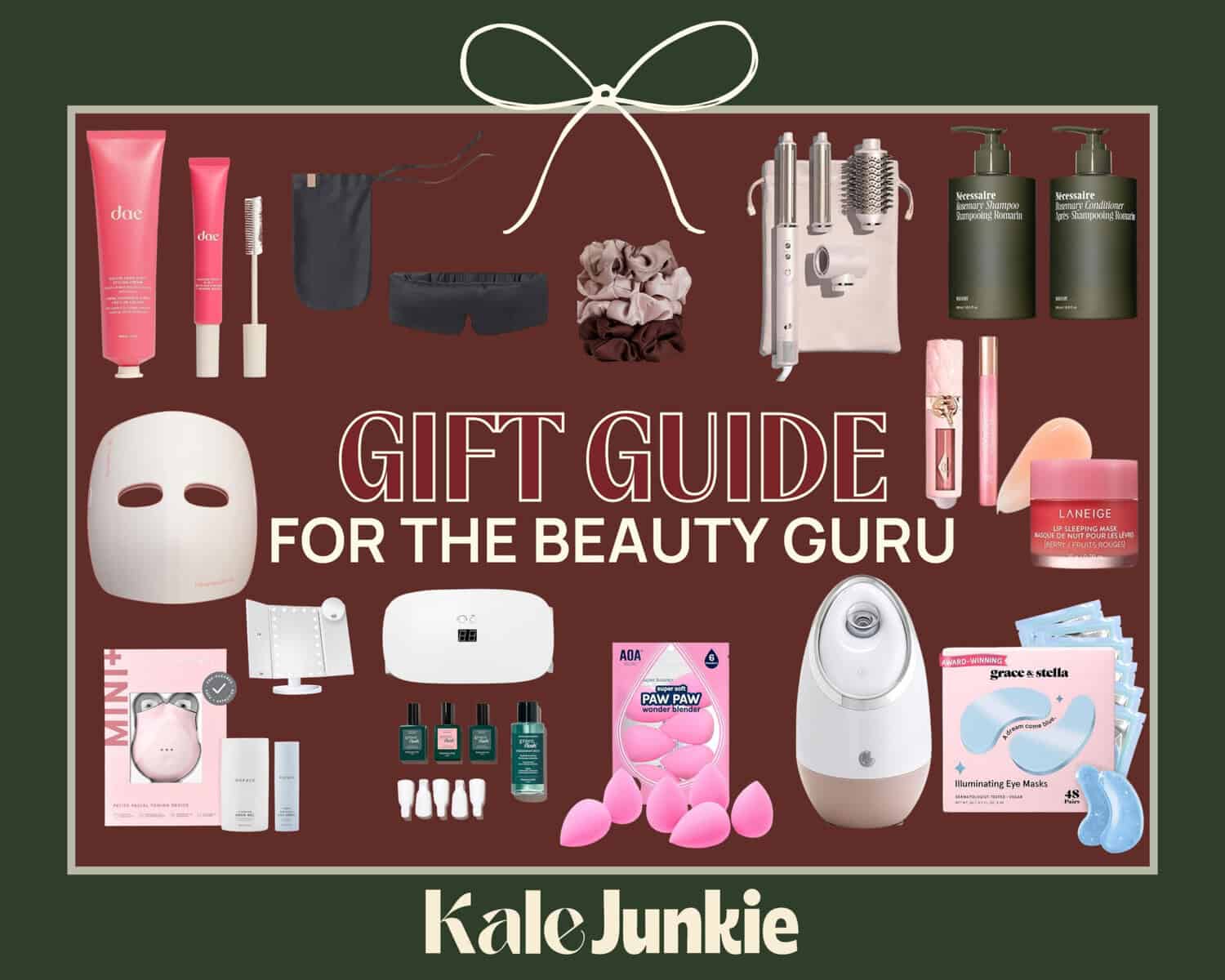 A collage of beauty products including skincare, hair tools, sheet masks, scrunchies, makeup sponges, lip care, serums, and a facial steamer. Text reads "Gift Guide for the Beauty Guru" with the KaleJunkie logo at the bottom.