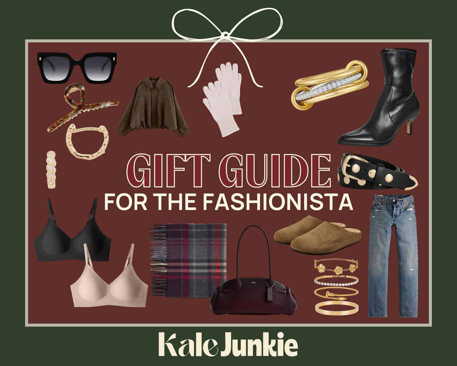 Gift guide for the fashionista featuring sunglasses, jewelry, blouse, gloves, boots, gold rings, black and nude bras, plaid scarf, black handbag, gold bracelets, brown slippers, gold earrings, and jeans on a maroon background.
