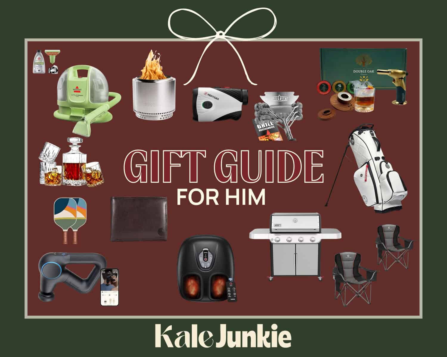 A “Gift Guide for Him” collage featuring grilling tools, whiskey decanter, leather wallet, massage gun, fire pit, golf bag, ping pong paddles, shoes, grill, folding chairs, pet vacuum, and bourbon set on a burgundy background.