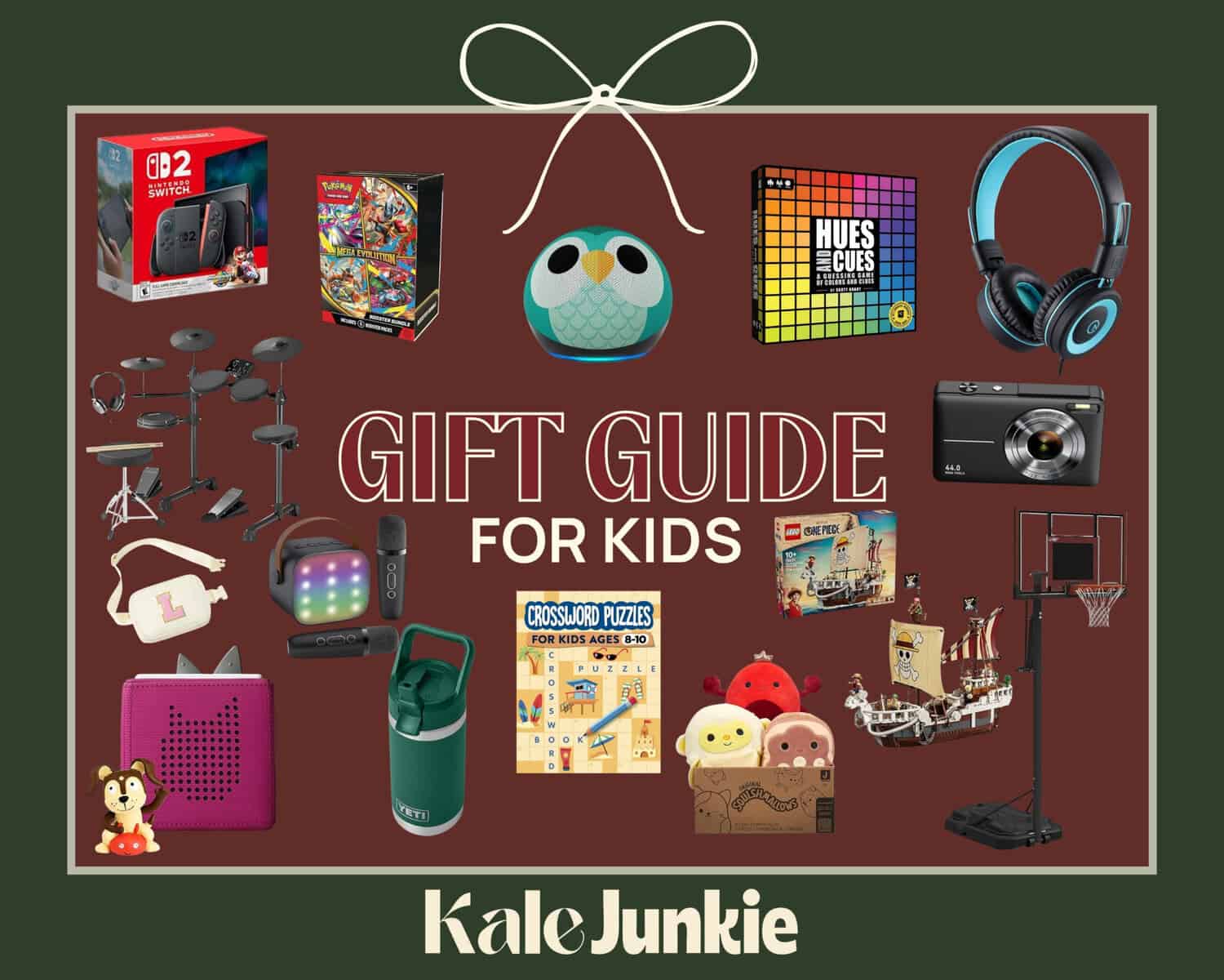 A collage of various kids' gift ideas including toys, headphones, a camera, board games, a pirate ship, a mini basketball hoop, a Nintendo Switch, and more, with "Gift Guide For Kids" text in the center.