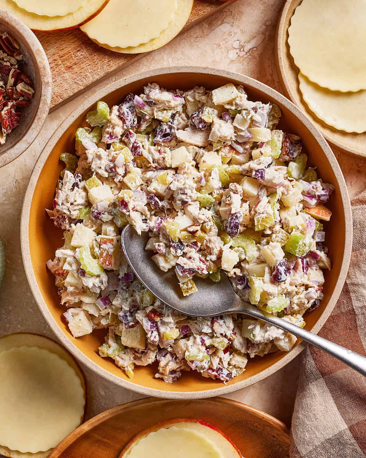 A bowl of chicken salad with diced apples, celery, cranberries, and red onions sits on a table, with a large spoon in the bowl and round pieces of pie dough nearby.