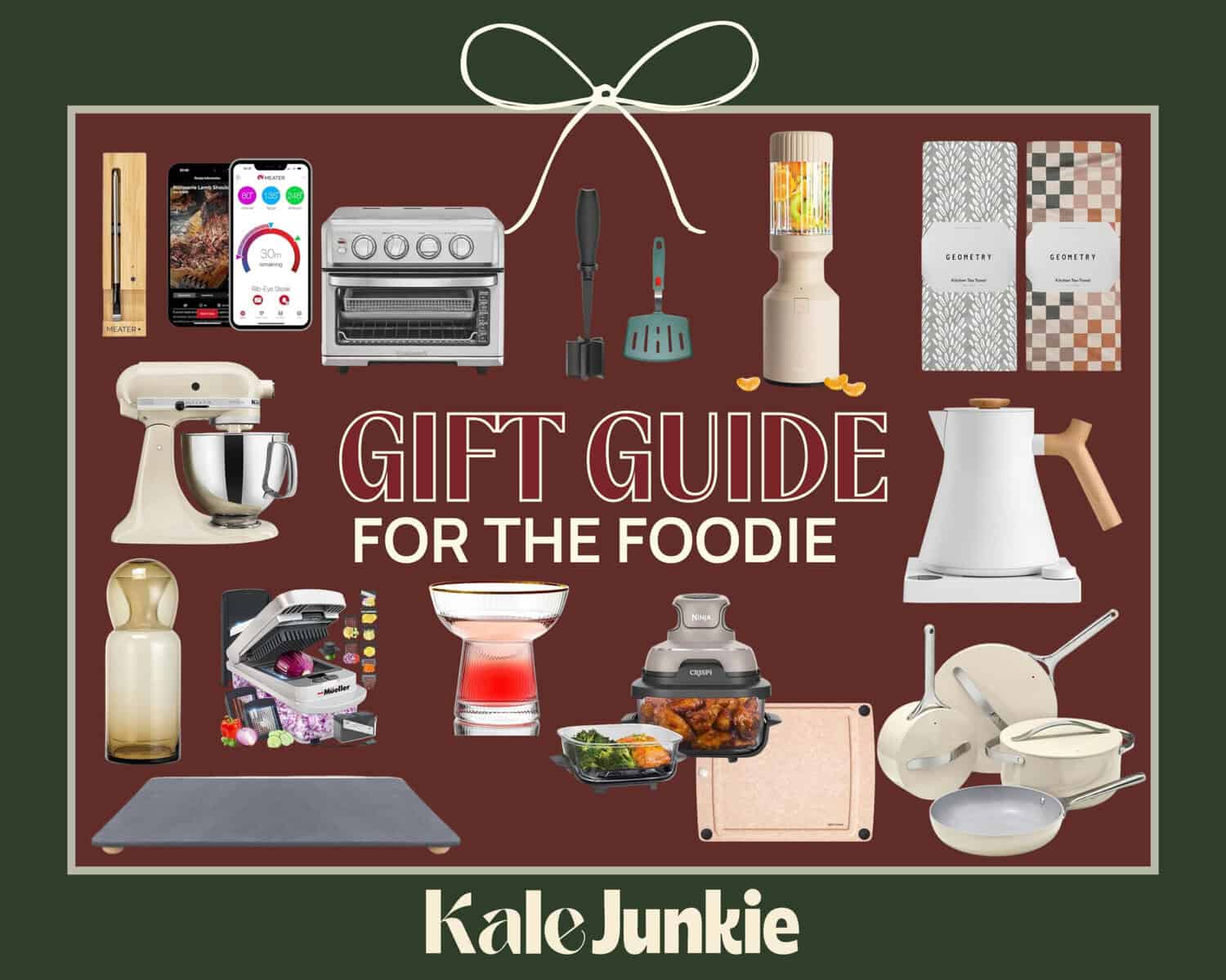 A collage of various kitchen gadgets and cookware, including mixers, pans, utensils, a coffee grinder, and food items, arranged around the text "Gift Guide for the Foodie" on a maroon background.