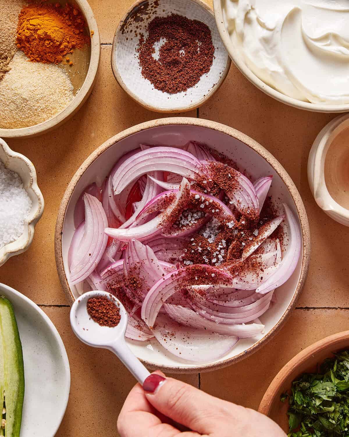 A hand holds a teaspoon of spice above a bowl of thinly sliced red onions sprinkled with more spices. Surrounding bowls contain various spices, herbs, salt, and a creamy white ingredient.