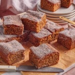 Squares of cinnamon sugar cake are arranged on a parchment-lined board with a knife nearby. More cake squares are stacked on plates in the background. A light pink cloth is partially visible behind the plates.