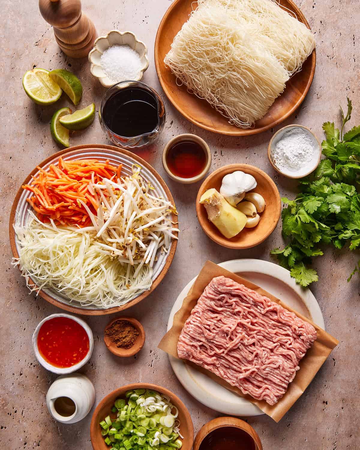 An overhead view of various ingredients on a table, including dry rice noodles, ground meat, sliced carrots, bean sprouts, green onions, ginger, garlic, lime wedges, sauces, and fresh cilantro.