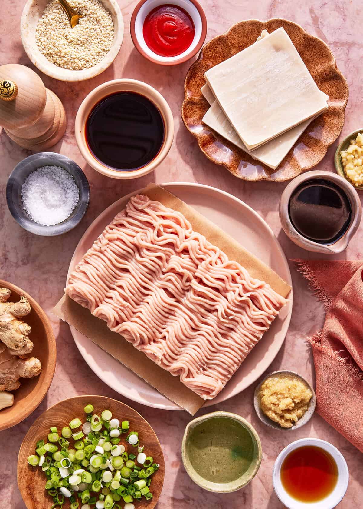 Top-down view of various ingredients on a table including ground meat, wonton wrappers, chopped green onions, soy sauce, ginger, garlic, sesame seeds, sauces, and seasonings arranged in bowls and plates.