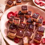 A plate of square chocolate-covered treats with a nutty and fruity base, topped with sea salt, surrounded by dried strawberry slices. Some treats are stacked, showing their layered interior.