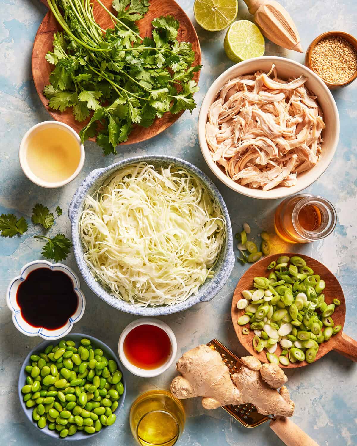 A flat lay of shredded chicken, sliced cabbage, cilantro, lime, soy sauce, sesame seeds, sliced green onions, edamame, sliced ginger, and various sauces in bowls on a light blue surface.