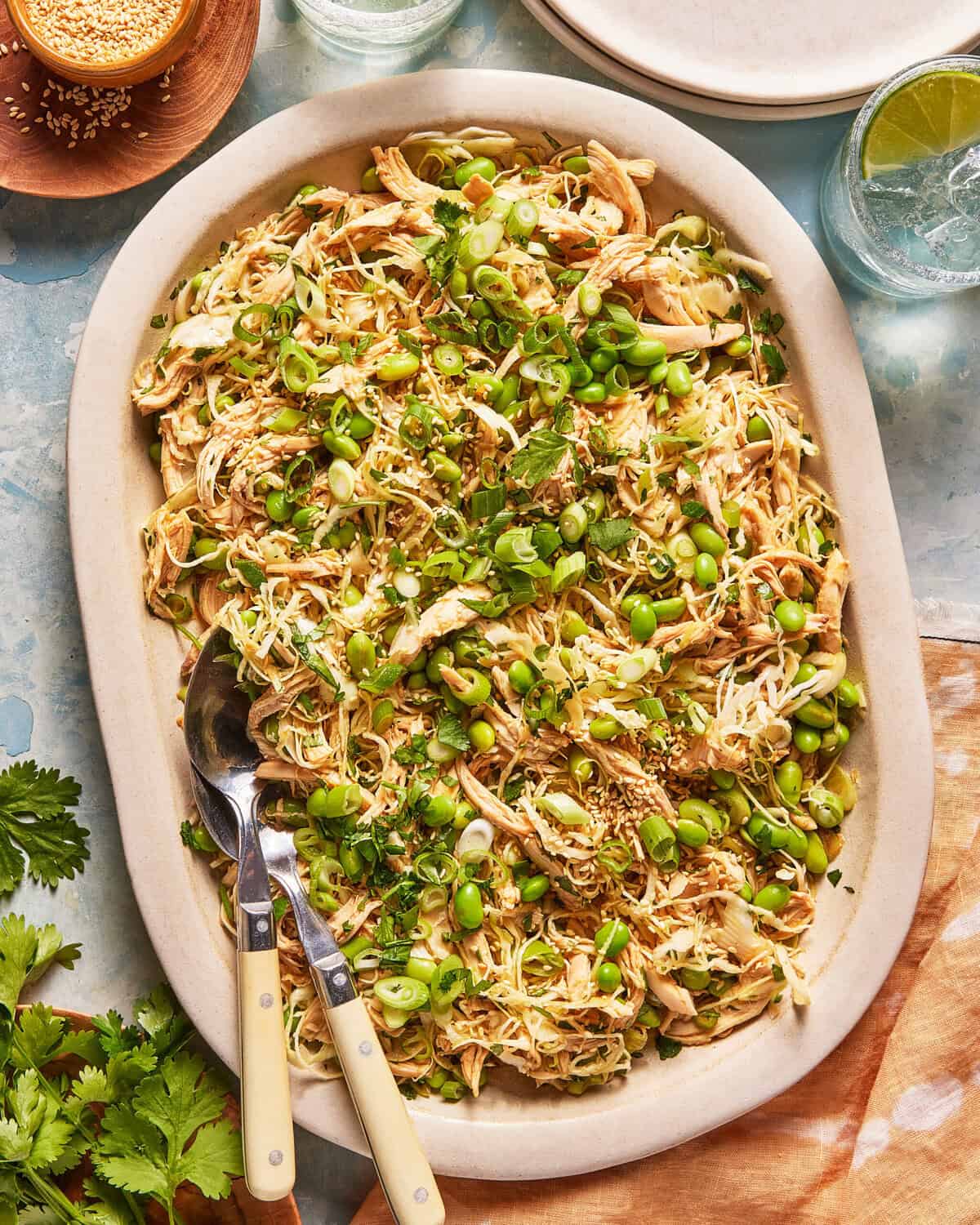 Large oval platter filled with shredded chicken, edamame, chopped scallions, sesame seeds, and herbs. Two serving utensils rest on the edge. Plates, drinks, and fresh cilantro are nearby on a light blue table.