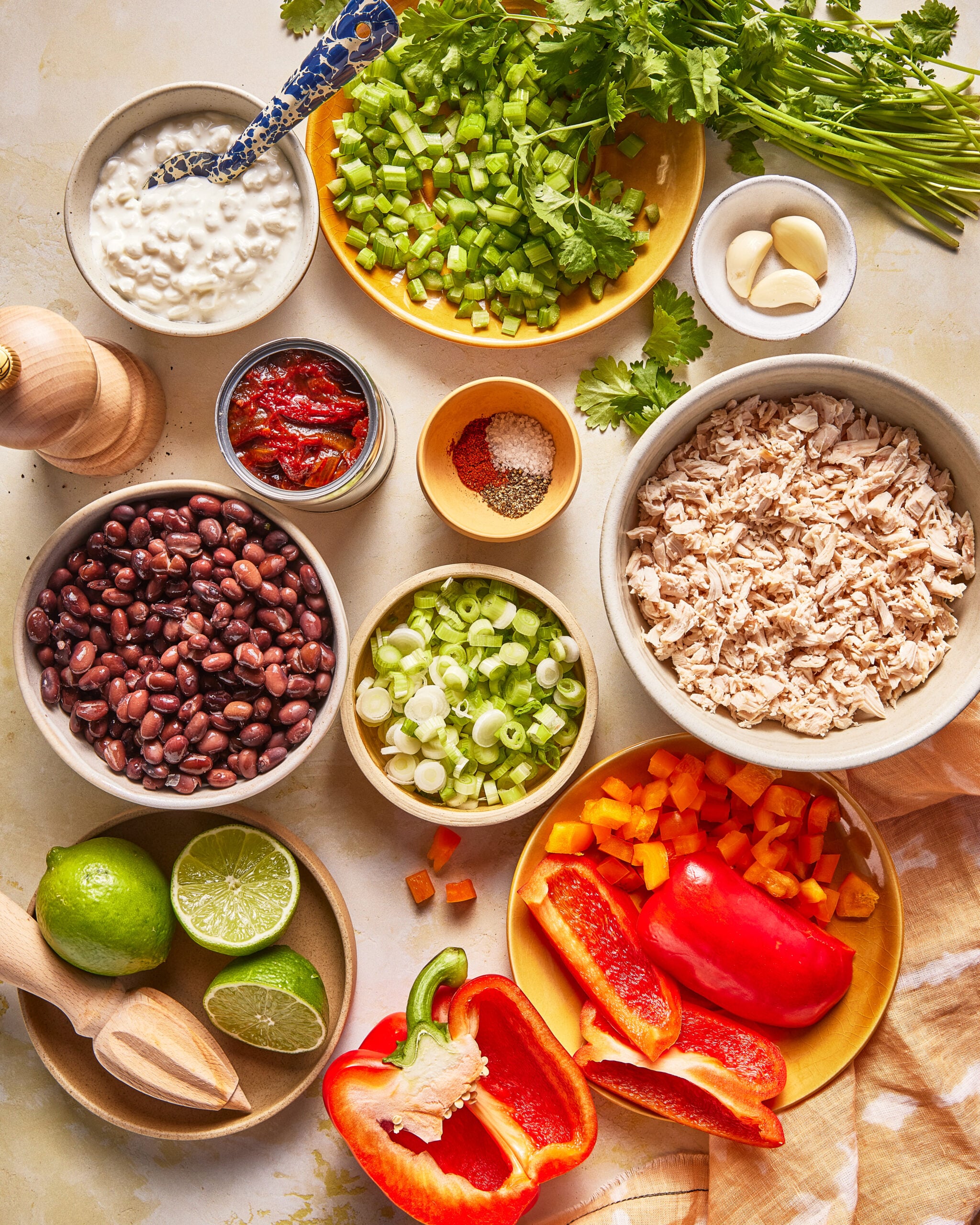 Assorted fresh ingredients on a table, including chopped vegetables, black beans, shredded chicken, cottage cheese, lime, garlic cloves, spices, and herbs in bowls and dishes, ready for meal preparation.
