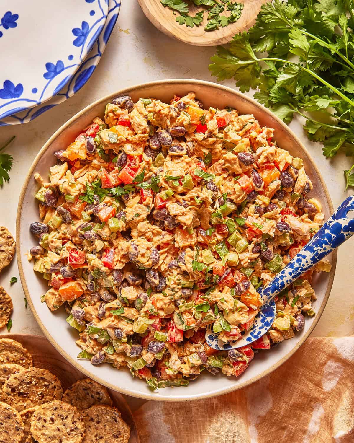 A bowl of colorful vegetarian salad with black beans, corn, bell peppers, and herbs, with a blue spoon. Fresh cilantro, crackers, and a patterned plate are nearby.