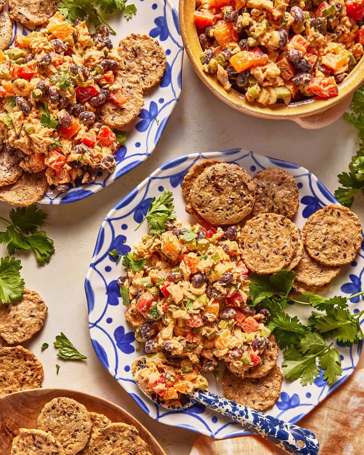 Plates with mixed bean and vegetable salad, round crackers, and fresh herbs on a light surface. Colorful salad contains beans, chopped vegetables, and herbs, served alongside crackers for dipping.