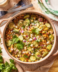 Mexican Inspired Roasted Elote Cucumber Salad