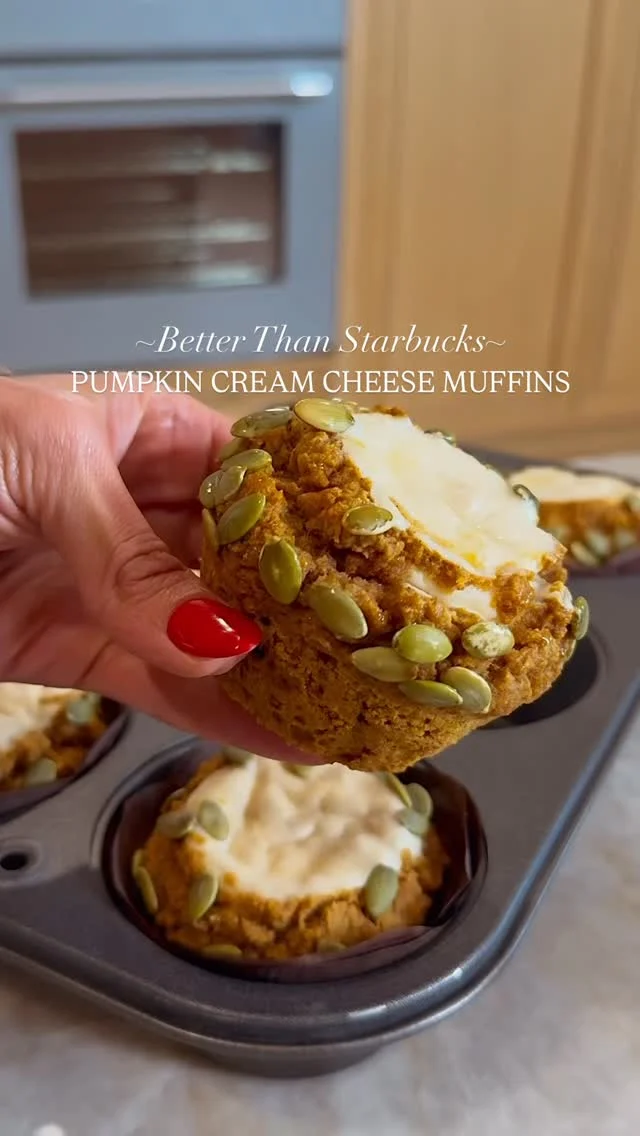@kalejunkie 😋 BETTER THAN STARBUCKS PUMPKIN CREAM CHEESE MUFFINS are back this year and trust when I tell you, this is the only recipe you need this season. They are gluten-free, and can be made dairy-free simply by using vegan cream cheese! This recipe is inspired by @melissashealthykitchen and I now make them every year!⁣
⁣
Comment LINK and I will DM you everything I used in this video, including the cute muffin liners and my fall blouse from @ramybrook! ⁣
⁣
Makes 6 jumbo muffins or 9 regular muffins ⁣
Muffins—⁣
3 eggs⁣
1 cup pumpkin puree⁣
1/4 cup coconut oil, melted⁣
1/3 cup maple syrup⁣
2 tsp vanilla extract⁣
1 cup almond flour⁣
1/2 cup organic arrowroot flour (or tapioca flour or cornstarch)⁣
1/4 cup organic coconut flour⁣
1 tb pumpkin pie spice⁣
1 tsp cinnamon⁣
1 tsp baking soda⁣
1/4 tsp salt⁣
Optional: pumpkin seeds for topping⁣
⁣
Cream cheese filling:⁣
7 oz cream cheese, softened⁣
2 1/2 tb maple syrup⁣
2 tb milk of choice⁣
1 1/2 tsp vanilla extract⁣
⁣
Preheat oven to 350F. Whisk together all of the wet ingredients and set aside. Next, add all of the dry ingredients to a large bowl and mix well. Pour the wet ingredients into the bowl with the dry ingredients and stir until incorporated. Grease a muffin tin well or add muffin liners to the tin (6 or 9 depending on the size of your muffin tray). Fill each muffin cavity with the batter and set aside. Next, make the cream cheese filling. Add the cream cheese to a small bowl and microwave for about 30 seconds until you can easily stir it. Add the maple syrup, milk, and vanilla and whisk or stir until fully incorporated. Transfer to a piping bag or a ziplock bag. Cut the tip and pip cream cheese filling into each of the muffins, as shown in the video. Sprinkle pumpkin seeds around top. Bake for 20-22 minutes or until a toothpick poked into the muffin part (not the cream cheese part) comes out clean. Let cool for 5 minutes in the muffin tin and then transfer to wired cooling rack to cool completely, and enjoy!⁣