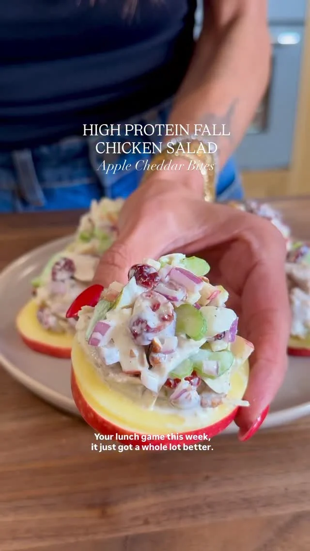 @kalejunkie 🍎 Fall Chicken Salad Apple Cheddar Bites 12/10 😋 This high protein chicken salad has been on repeat—it has all the fall vibes for the perfect lunch. This recipe makes 8 large servings of chicken salad, and one idea for how to serve it is on top of apple slices and cheddar. The flavor combo is WOW! I can’t wait for you to try this recipe.

Comment LINKS for everything I used in this video—blender, scoop, bowls, etc! 🤗

Makes 8 cheddar apple bites PLUS lots of leftover chicken salad!
Dressing 
1 cup cottage cheese (@good_culture)
1/2 cup greek yogurt
1 tsp dijon mustard 
1 tsp garlic powder
1/2 tsp kosher salt
1/2 tsp ground black pepper
1 tsp ground thyme
1 tsp oregano 
[3-4 tb water if needed to thin]

Chicken salad
1 cup rotisserie chicken, shredded and cut into bite size pieces 
2 stalks celery, sliced 
1/4 red onion, finely diced
1/2 cup dried cranberries
1/3 cup raw pecans, chopped
1/2 cup dill pickles, finely chopped
1 honey crisp apple, finely chopped

Cheddar Apple Bites
2 honey crisp apples
8 slices cheddar cheese

In a small blender, blend the cottage cheese, yogurt, and seasonings. Taste and adjust as needed, then set aside. Next, in a large bowl, add the chicken, celery, onion, cranberries, pecans, pickles, and apples. Poor dressing on top and coat well. Slice two apples into 4 slices each. Remove core and place a slice of cheddar on top. I used a cookie cutter so they are the same size as the apple, but that is optional. Scoop chicken salad on top of each one and enjoy. Save leftovers in a covered container, and place in the refrigerator for up to one week. ENJOY!