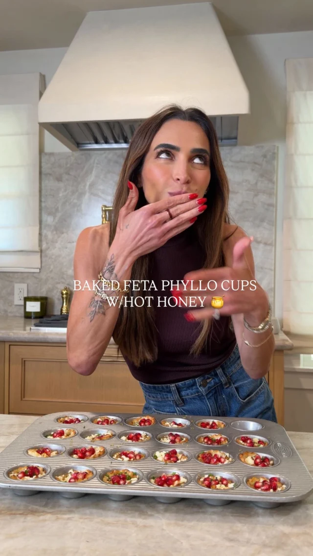@Kalejunkie #WonderbellyPartner #Ad BAKED FETA PHYLLO CUPS WITH HOT HONEY, the perfect holiday app! T’is the season for eating and drinking perhaps differently than we normally do all year long. I, for one, indulge a lot more and sometimes I experience digestive discomfort. And I know I am not alone. But instead of reaching for typical over the counter medicine, I pick up a clean* digestive medicine—@itswonderbelly. Wonderbelly Bloat & Gas Relief uses the same active ingredient as the leading bloat + gas relief medicine brands. Wonderfully is non-GMO, vegan and free from dyes and artificial sweeteners, talc, titanium dioxide and parabens. You can find Wonderbelly at Walmart, Target, CVS and on Amazon! Now go make this recipe, because it’s simple, delicious, and the perfect little bit!⁣
⁣
Makes 12 servings (2 cups each)⁣
24 mini phyllo cups⁣
1 7 oz block feta cheese⁣
1 bunch chives, finely chopped⁣
1/4 cup olive oil⁣
1/4 cup honey⁣
1 tsp crushed red pepper flakes ⁣
3/4 cups pomegranate arils⁣
⁣
Preheat oven to 325F. Line a mini muffin tin with phyllo cups. Crumble the feta and mix in most of the chives. Fill each phyllo cup with the feta mixture. Bake for 5-6 minutes, until the phyllo edges have browned, then remove from the oven. In a small bowl, mix together the olive oil, honey and red pepper flakes. Add some pomegranate arils over each feta cup then drizzle with the hot honey mixture. ENJOY!