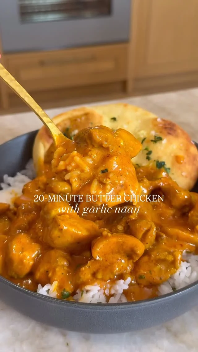 @kalejunkie 20-MINUTE BUTTER CHICKEN WITH GARLIC NAAN, requested by the KJ community! 😊 It’s mild, creamy and saucy—perfect served over rice or scooped up with the naan. Butter chicken is a popular Indian dish dating back to the 50s. I am not claiming my version is traditional, but I did do my best to stay close to its roots. ⁣
⁣
Makes 4 servings ⁣
1 1/2 lbs boneless, skinless, chicken thighs, cut into bite-size cubes⁣
1 tsp nutmeg⁣
1 tsp turmeric⁣
1 tsp ground cumin⁣
1 tsp chili powder ⁣
2 tsp garam masala⁣
1/2 teaspoon salt⁣
2 tb butter, salted ⁣
3 garlic cloves, mashed⁣
1 cup coconut milk (from the can)⁣
6 tb tomato paste⁣
1 tb ketchup — NOT traditional, optional ⁣
⁣
For the naan⁣
4 pieces store-bought naan⁣
2 tb olive oil⁣
2 cloves garlic, mashed⁣
Chopped parsley to garnish⁣
⁣
In a large bowl, add the chicken pieces. Add the spices and toss to coat well. Heat butter in a large skillet over medium heat. Once the butter has melted, add the chicken in a single layer. Do not touch for about four minutes, and then gently flip to the other side and allow to cook four minutes more (chicken should almost be cooked through at this point). Add in the garlic, tomato paste, ketchup (if using) and the coconut milk. Mix everything very well. Lower heat and bring to a gentle simmer and allow to cook for five more minutes. Remove pan from the heat. While you are making the butter chicken, you can make the naan. Preheat oven to 375. Line up the naan on a baking sheet. Brush with olive oil and mashed garlic and a pinch of salt. Bake for six minutes and a removed from oven. Serve over rice and with your naan. Enjoy!
