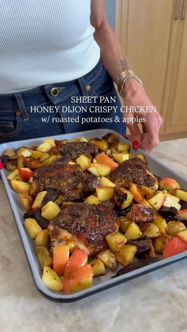 @kalejunkie SHEET PAN HONEY DIJON CRISPY CHICKEN with roasted potatoes and apples 🍎 the perfect easy fall dinner that packs a huge flavor punch, guaranteed to get you in the mood for the holidays—I cannot wait for you to try it! 
🫶🏻 SHARE this post with your friends and FOLLOW for more! 
Makes 4 servings 
1 1/2 lbs fingering potatoes, washed and cut into halves or quarters
2 tb olive oil
1/4 cup coarse dijon mustard 
2 tb honey
3 cloves garlic, mashed
1 tsp paprika
1 tsp kosher salt
1/2 tsp ground black pepper 
1 1/2 tb fresh thyme, stems removed and chopped finely 
4 large bone-in, skin-on chicken thighs, pat dry
2 apples, sliced (I prefer Honey Crisp apples)
Preheat oven to 425F. Add cut potatoes to a half or full size baking sheet and toss with olive oil and a pinch of salt and pepper. In a medium bowl, whisk together the dijon mustard, honey, garlic, paprika, thyme, salt and pepper. Set aside. Pat your chicken very dry (very important to get that crispy skin). Add the chicken to the baking tray, nestling in between the potatoes. Brush the chicken generously with the mustard mixture, reserving half. Bake for 30 minutes then remove the tray from the oven. Chop apples into bite-size pieces then spread them onto the baking tray, nestling among the potatoes. Brush the apples, potatoes and chicken with the remaining sauce. Place the tray back in the oven for an additional 15 minutes (or until the internal temperature reaches 165F). If the chicken skin is getting too browned, cover with foil. Remove from oven, toss everything together so the juices from the chicken coats the potatoes and apples well, and enjoy! #fallrecipes #falldinner 
