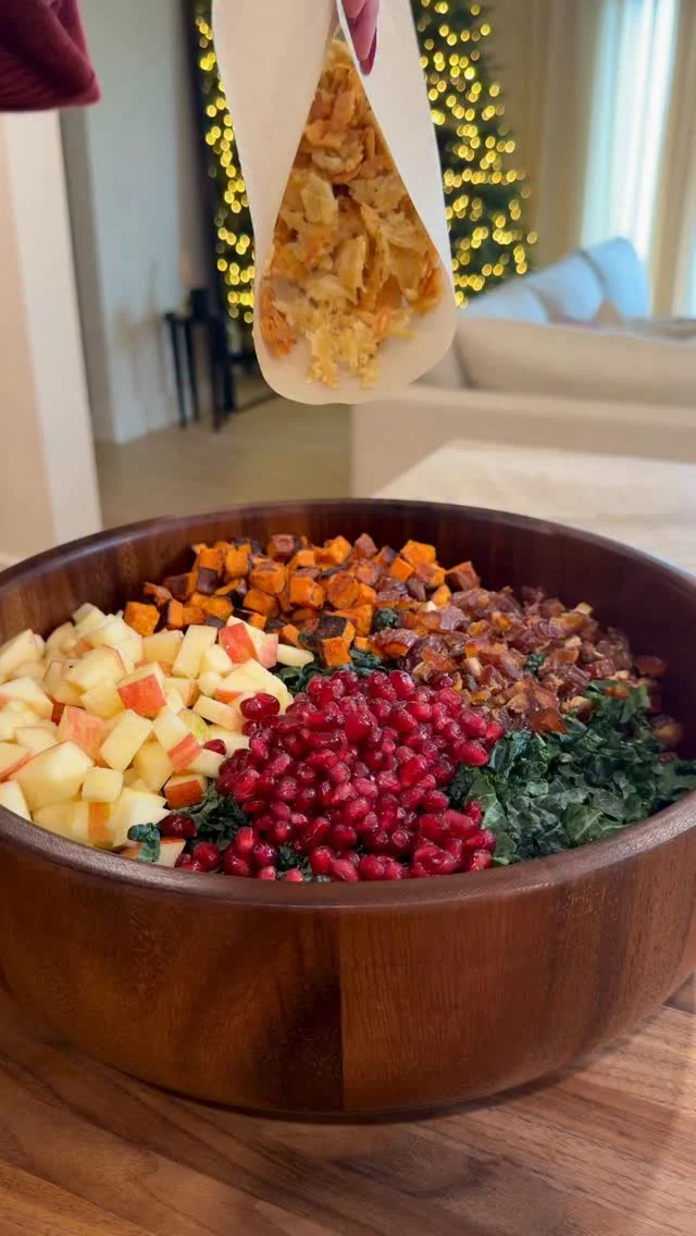 @kalejunkie CRISPY PARMESAN ORZO SALAD W/ORANGE MAPLE VINAIGRETTE, aka the SHOWSTOPPER OF THANKSGIVING RIGHT HERE! Every Thanksgiving table needs a salad—but not a boring one—this one has all the flavors of a harvest salad but with the perfect texture combo of crispy parmesan orzo on top—like croutons. The cooked orzo stays soft and the parmesan gets nice and crunchy. It’s DELISH! The dressing is a twist on a typical lemon maple vinaigrette but with orange for FALL VIBES!⁣
⁣
Please FOLLOW @kalejunkie, SAVE this post, and SHARE with your friends! That’s the greatest way you can support me! 🫶🏻🫶🏻⁣
⁣
Makes 8-10 servings⁣
SALAD BASE⁣
1 cup parmigiano reggiano cheese, freshly grated⁣
1 cup cooked orzo ⁣
1-2 sweet potatoes (~2 cups), cut into bite size pieces⁣
2 bunches dino kale, stems removed and chopped ⁣
3/4 cup medjool dates, pitted & chopped⁣
2 honey crisp apples, chopped⁣
1 cup pomegranate arils⁣
⁣
ORANGE MAPLE DRESSING⁣
1/3 cup olive oil⁣
2 tb maple syrup ⁣
1/4 cup apple cider vinegar⁣
1 navel orange, juiced + 2 tsp orange zest⁣
2 tsp dijon mustard ⁣
2 cloves garlic⁣
1 small shallot⁣
1/4 tsp cinnamon⁣
1 tsp kosher salt⁣
1/2 tsp black pepper⁣
⁣
Preheat oven to 350F. Next, cook orzo until it’s completely soft—this is the one time you want to overcook your pasta! Drain and set aside. Line a baking sheet with parchment paper. Load up the tray with the cheese in an even layer. Spread orzo on top and press into the cheese. Bake for 15 minutes or until the edges are golden and brown. Let cool while you make the rest of the salad (the cheese will harden. Increase oven temp to 375. Add sweet potatoes to the baking sheet. Spray with avocado oil, salt, pepper and paprika. Toss well and bake for 30 minutes, tossing half way through. Remove from oven. Next, make the dressing. Add all ingredients to a small blender and blend until smooth. Taste and adjust seasonings as needed. Finally, assemble the salad. In a large bowl, add the kale, dates, apples, pomegranate and sweet potatoes. Now, tear the Parmesan-orzo into tiny pieces and add to the salad. Toss with the dressing and enjoy!⁣
⁣
#thanksgivingdinner #thanksgivingrecipes⁣
#viralrecipes #viralsalads #harvestsalad